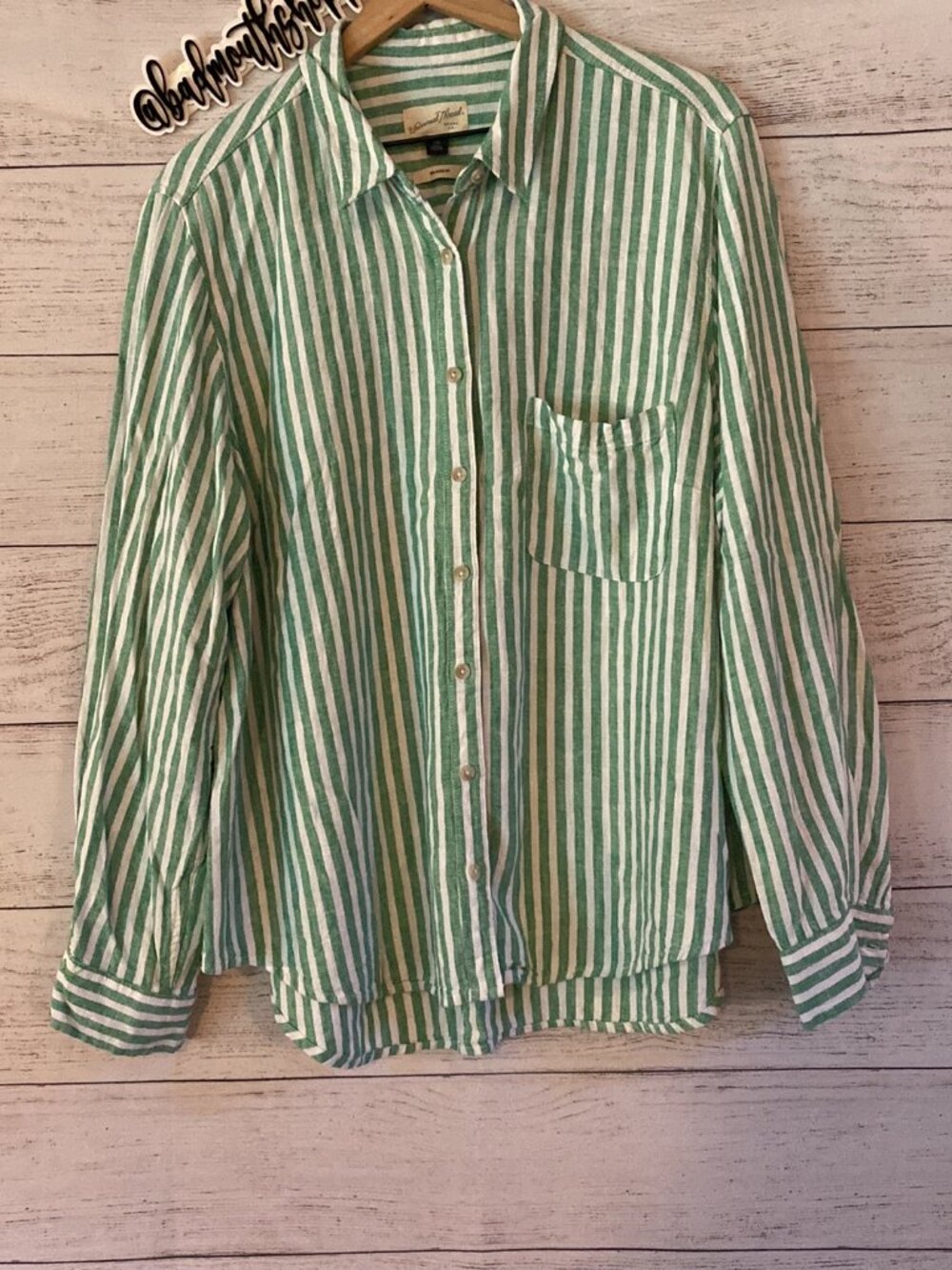 Universal Thread Green White Stripe Linen Relaxed Fit Button Down Blouse XXL - Picture 3 of 7